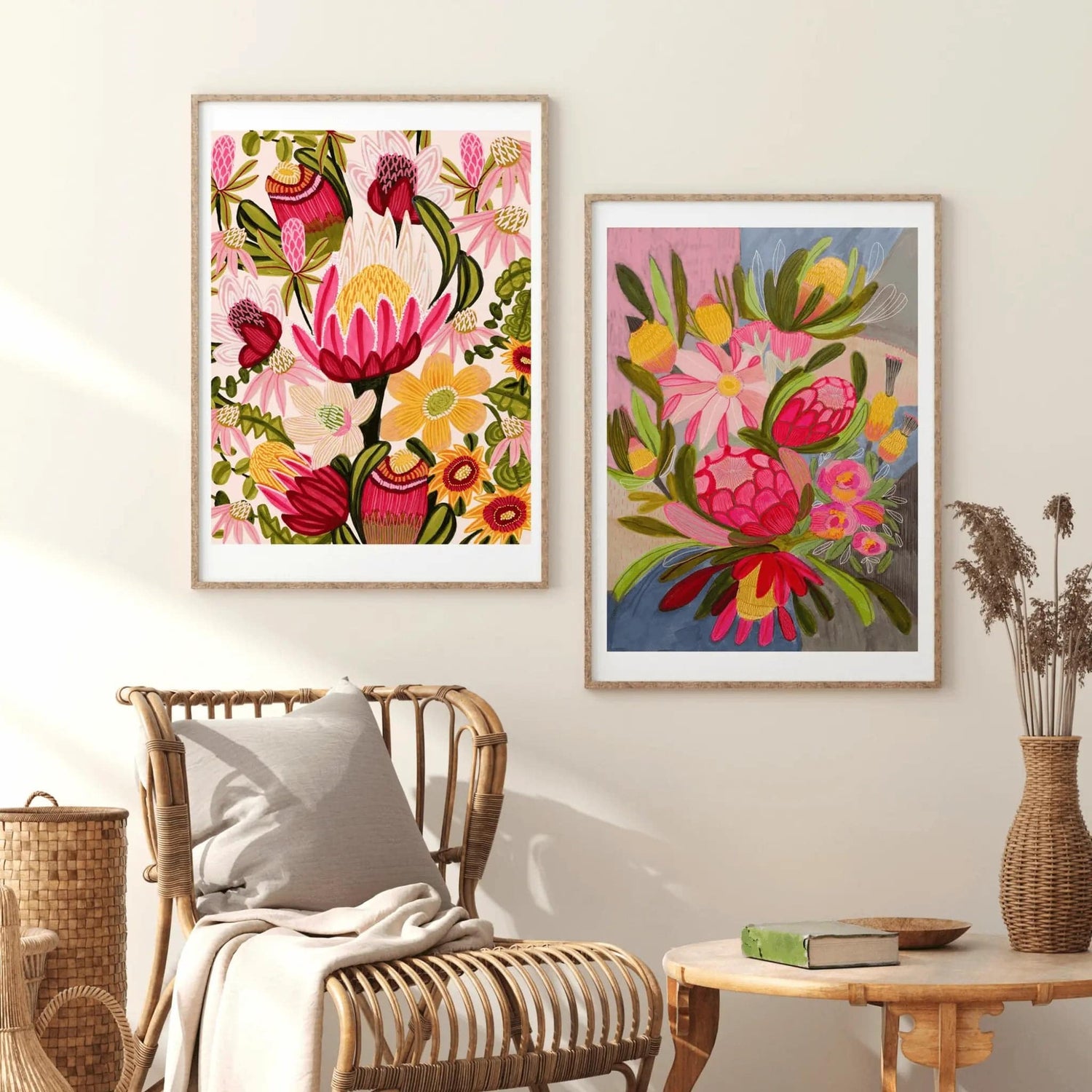 Pink protea and blue bouquet print set by Kirsten Katz — pink proteas on cream beside a bouquet on blue