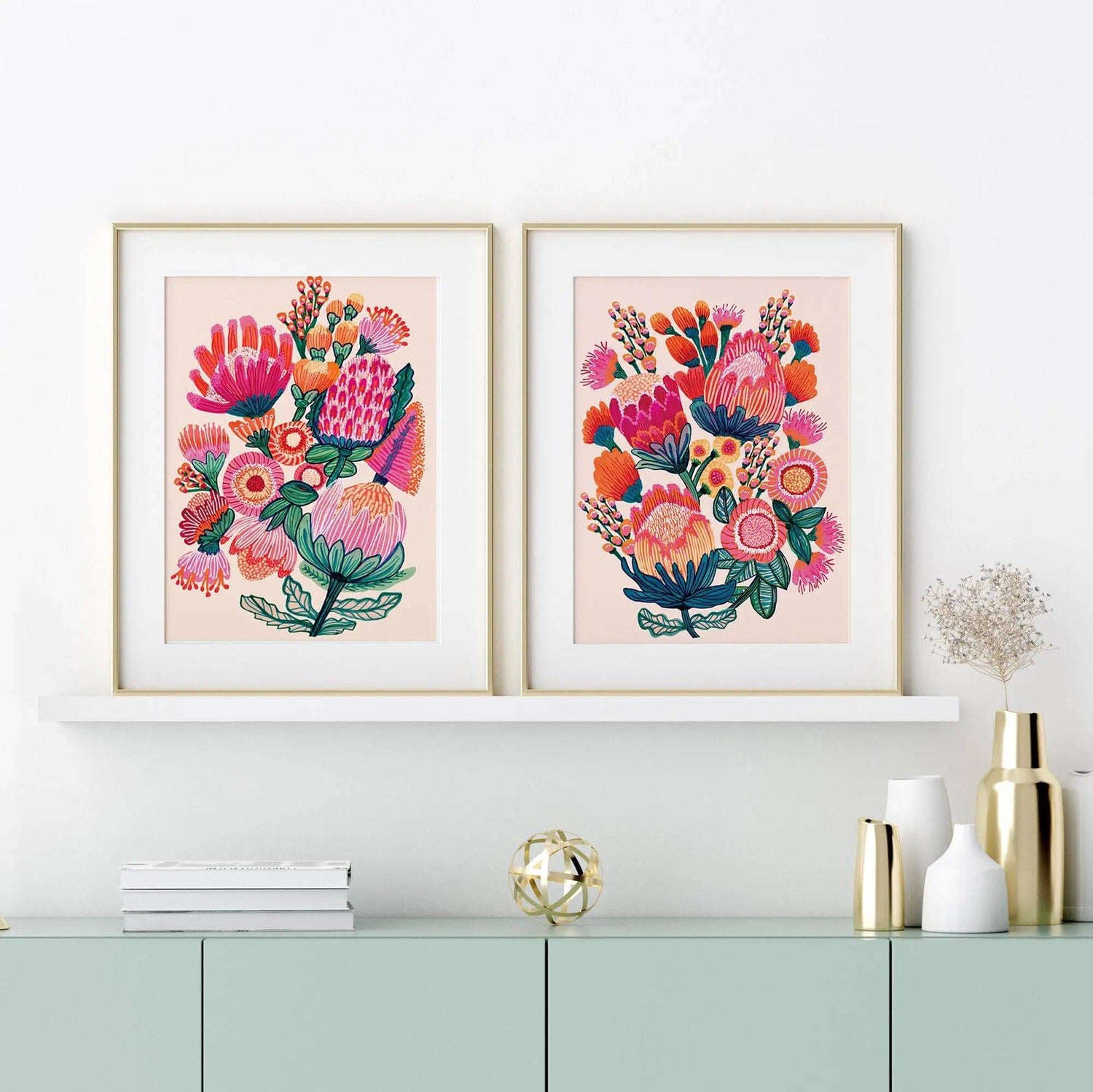 Set of two native flower art prints in hot pink, coral and orange by Kirsten Katz