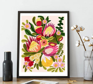 Australian Native Flora & Proteas wall art print by Kirsten Katz — warm, layered native flowers
