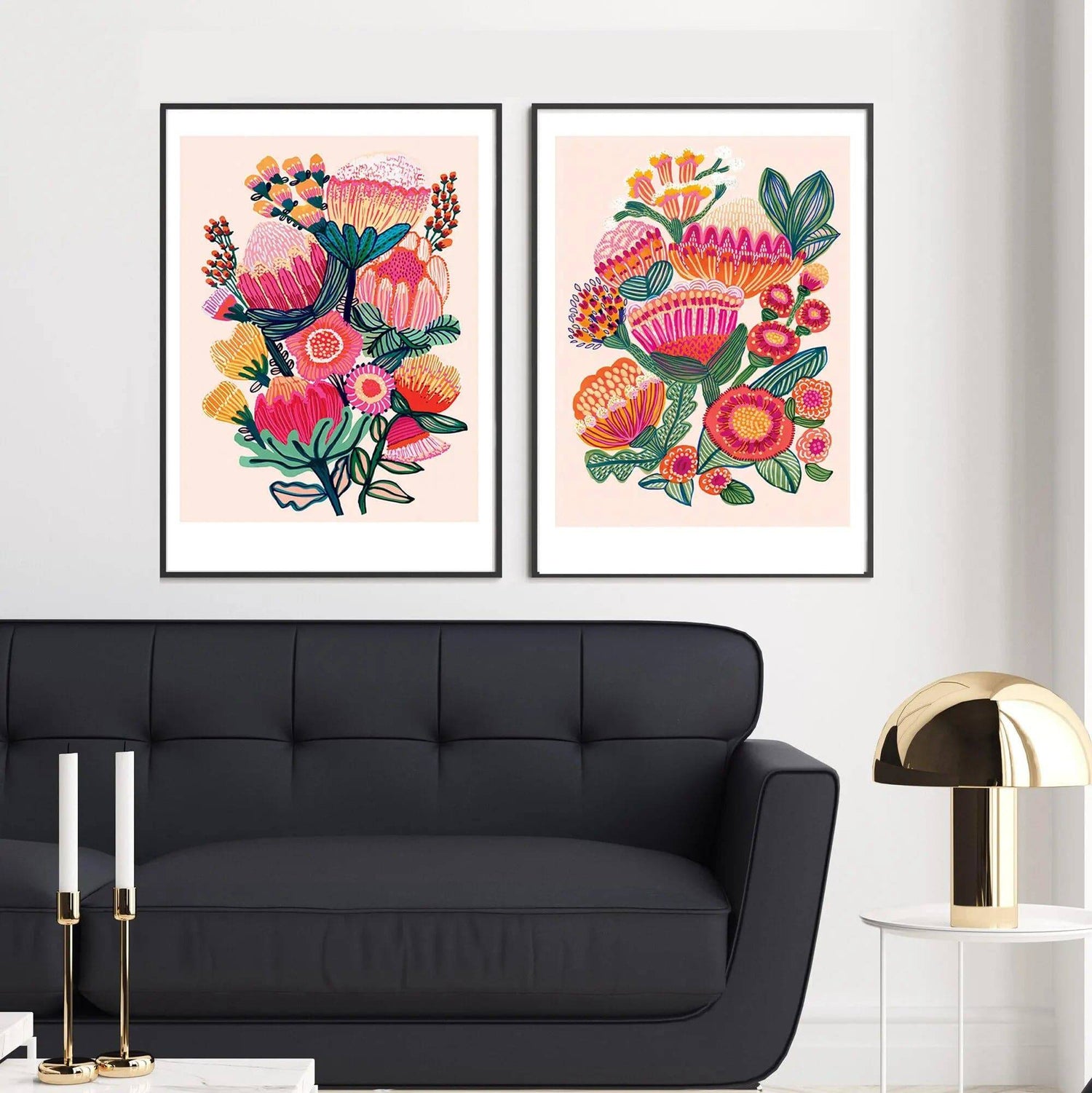 Bouquet of Oz and Desert Flowers print set by Kirsten Katz — two native bouquets of proteas and banksias