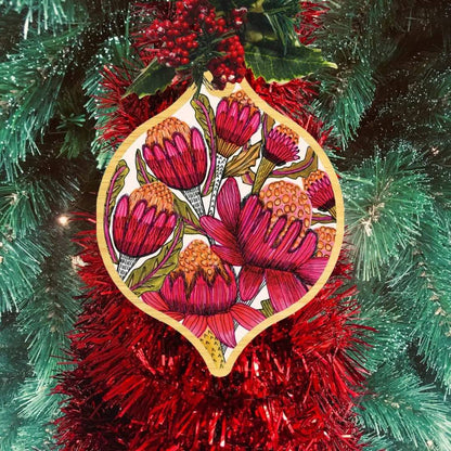 Australian Waratah Flowers Wooden Christmas Bauble - Kirsten Katz
