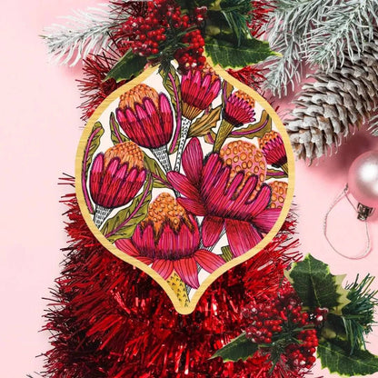 Australian Waratah Flowers Wooden Christmas Bauble - Kirsten Katz
