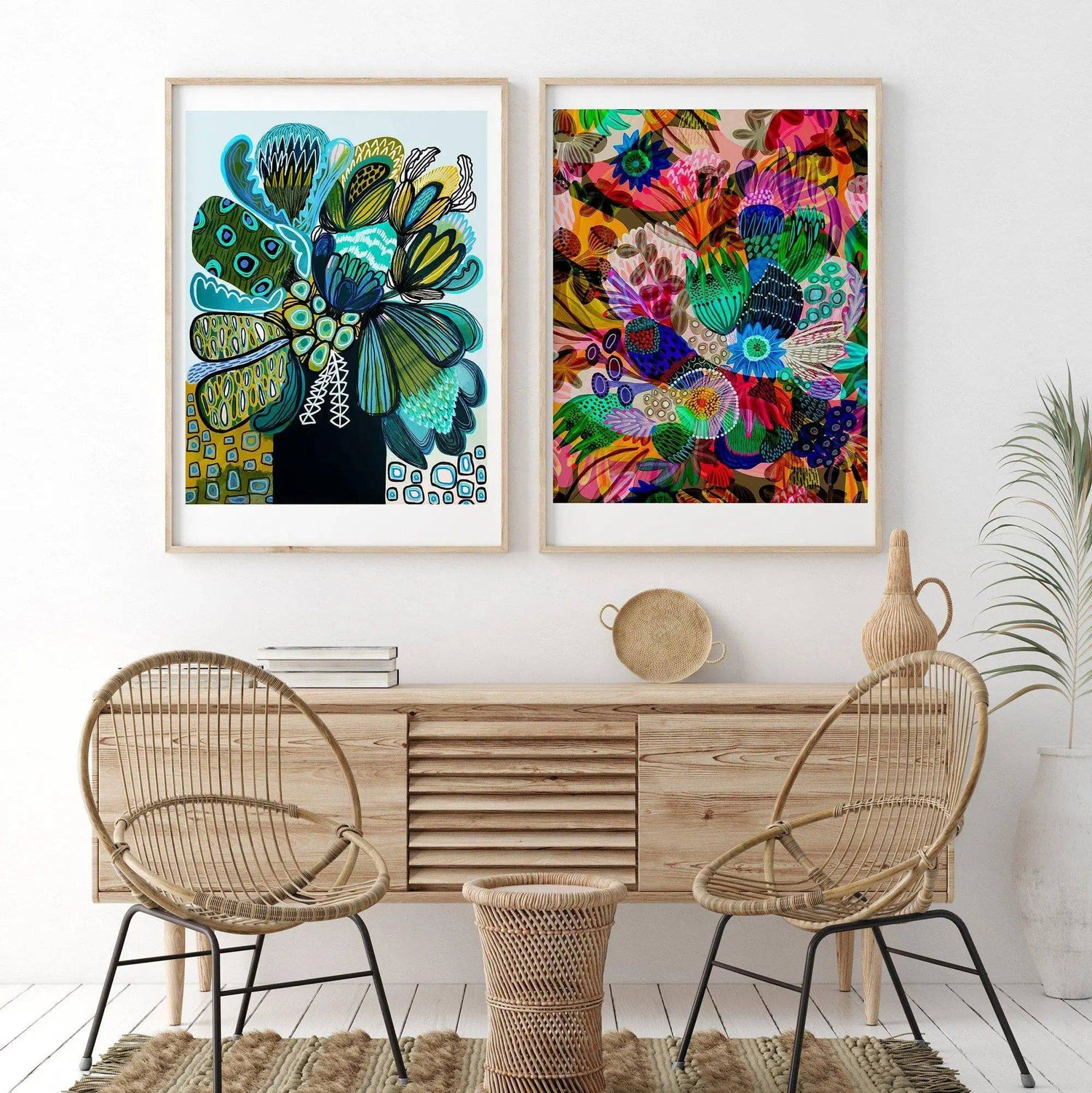 Azure Flowers and Garden of Eden print set by Kirsten Katz — cool blue Azure blooms beside a vivid Eden garden