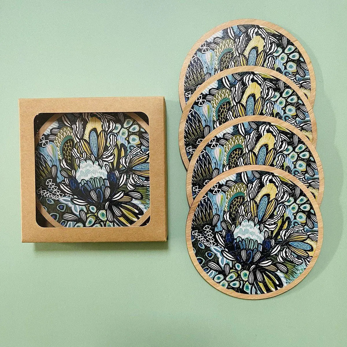 Azure Proteas Australian Wooden Coaster Set Kirsten Katz