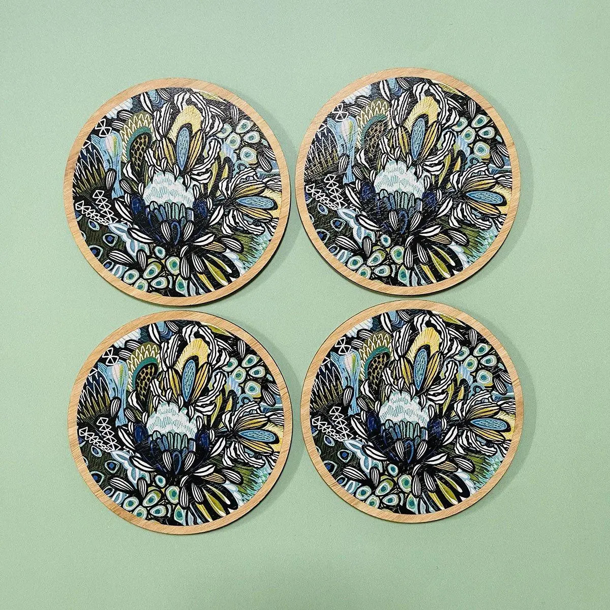 Azure Proteas Australian Wooden Coaster Set Kirsten Katz
