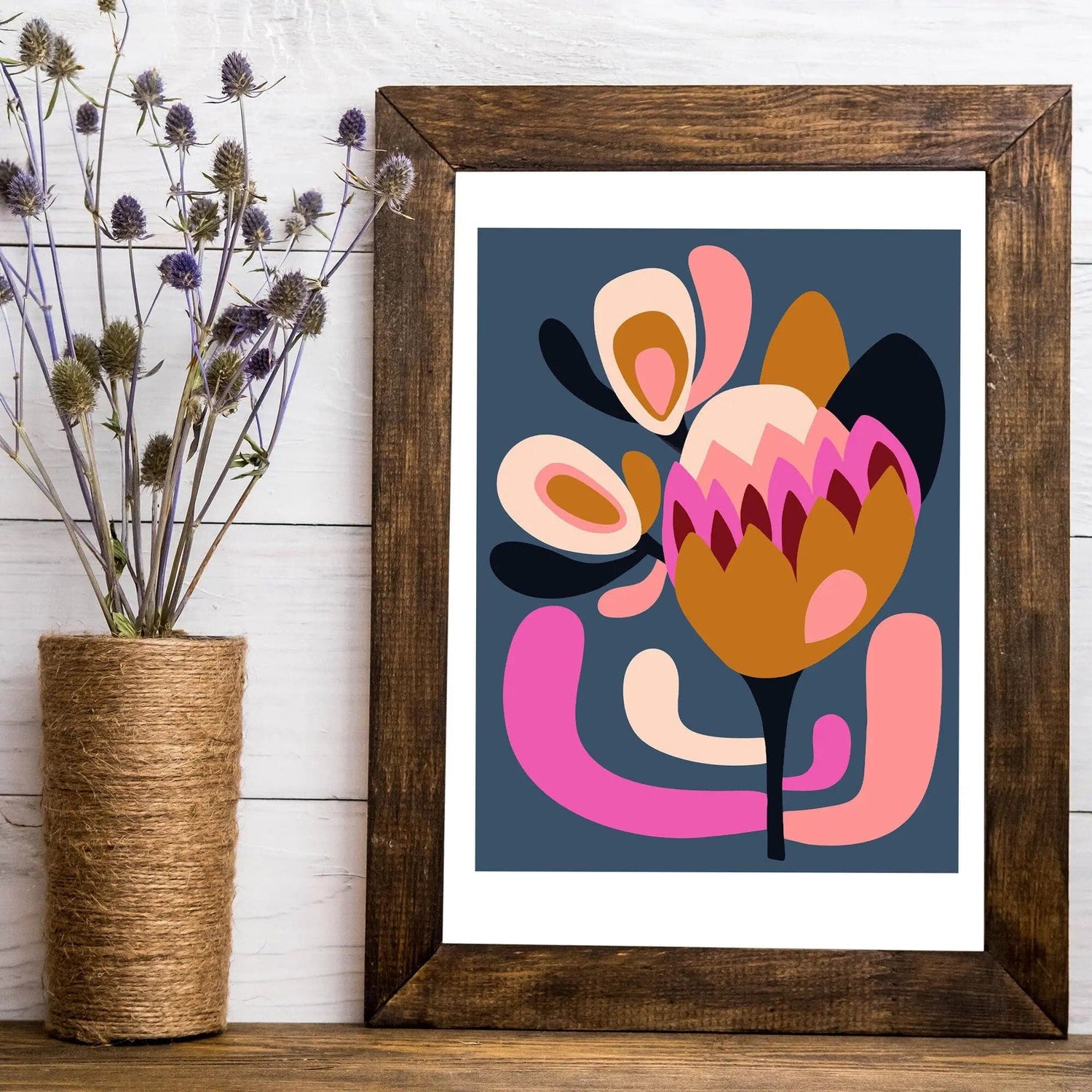 Modern Protea Flowers art print by Kirsten Katz — a single mid-century protea in orange, pink and navy on blue-teal