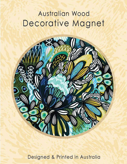 Home Decor Gift Set: Blue Banksia Tea Towel & Wooden Fridge Magnet Kirsten Katz