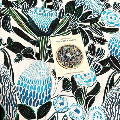 Home Decor Gift Set: Blue Banksia Tea Towel & Wooden Fridge Magnet Kirsten Katz