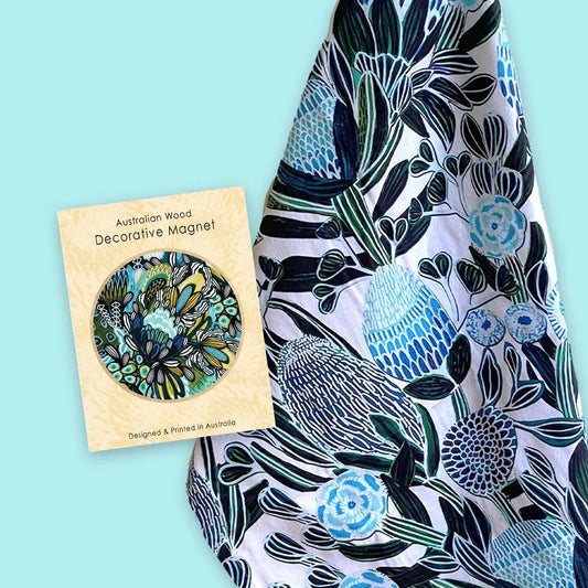 Home Decor Gift Set: Blue Banksia Tea Towel & Wooden Fridge Magnet Kirsten Katz