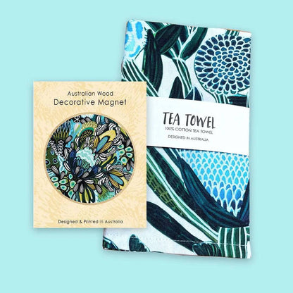 Home Decor Gift Set: Blue Banksia Tea Towel & Wooden Fridge Magnet Kirsten Katz