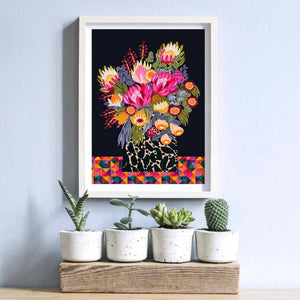 Botanical Bouquet Australian wall art print by Kirsten Katz — native flowers in a ceramic vase on a deep midnight ground