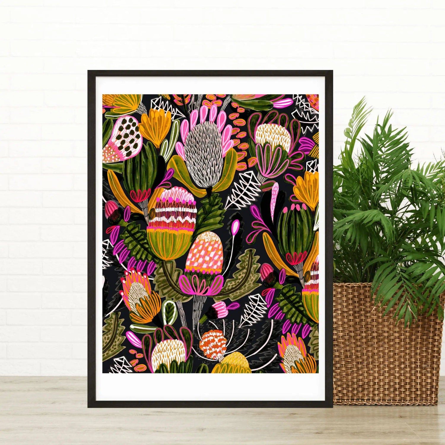 Bush Banksia Modern wall art print by Kirsten Katz — stylised banksias on deep charcoal