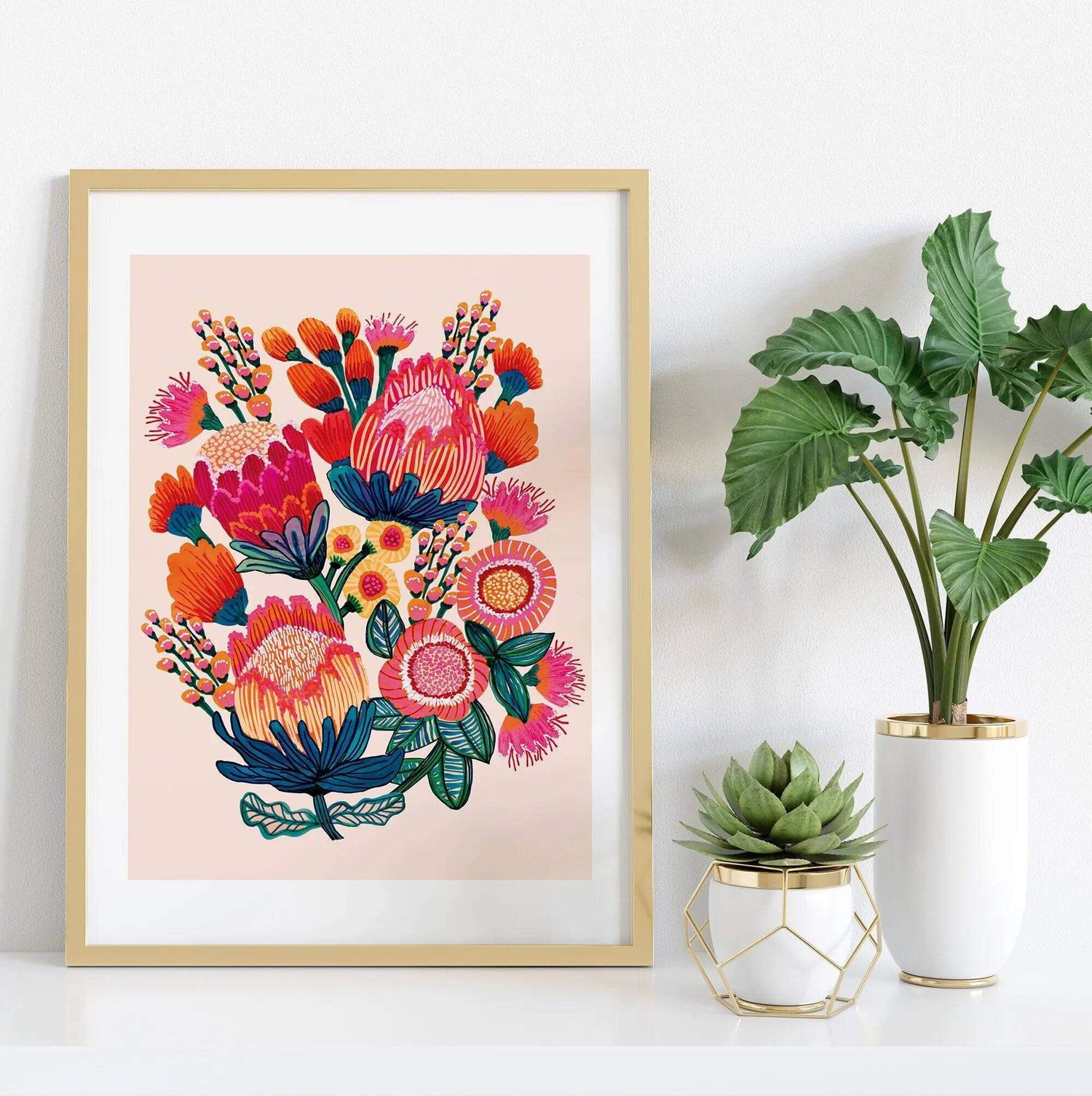 Bush Bounty Botanical wall art print by Kirsten Katz — abundant native flowers on a soft blush ground