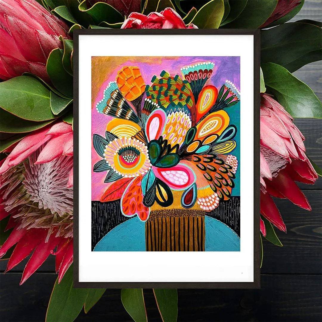 Colour Blooming Still Life wall art print by Kirsten Katz — jewel-toned abstract still life in purple, teal and pink