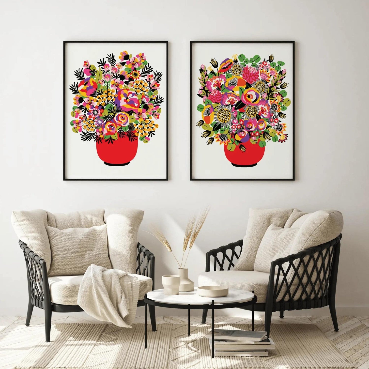 Colour Pop bouquet red vase print set by Kirsten Katz — peonies, roses and daisies in bright red vases