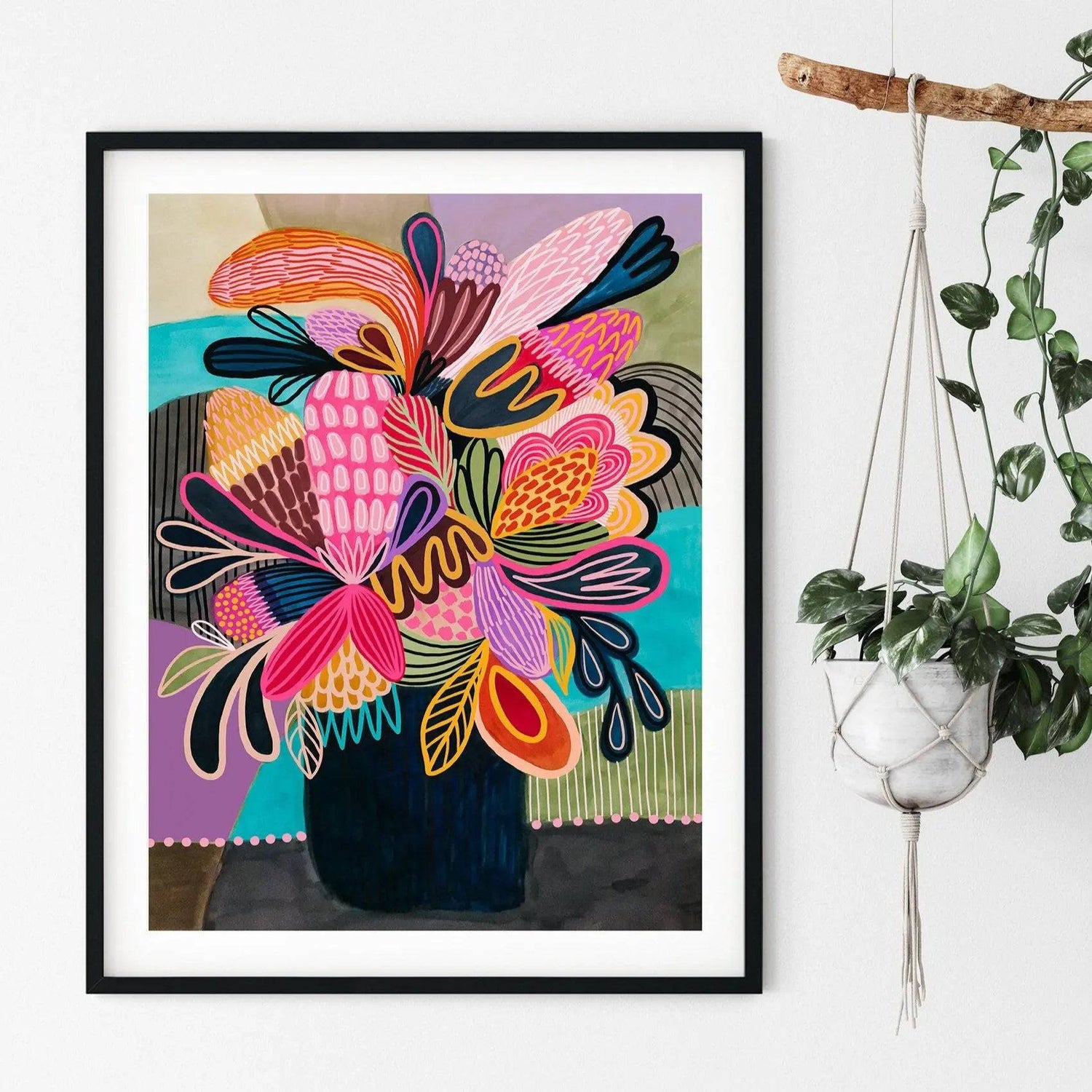 Colour Pop Modern wall art print by Kirsten Katz — native blooms in a bold patchwork of pink, teal, yellow and navy
