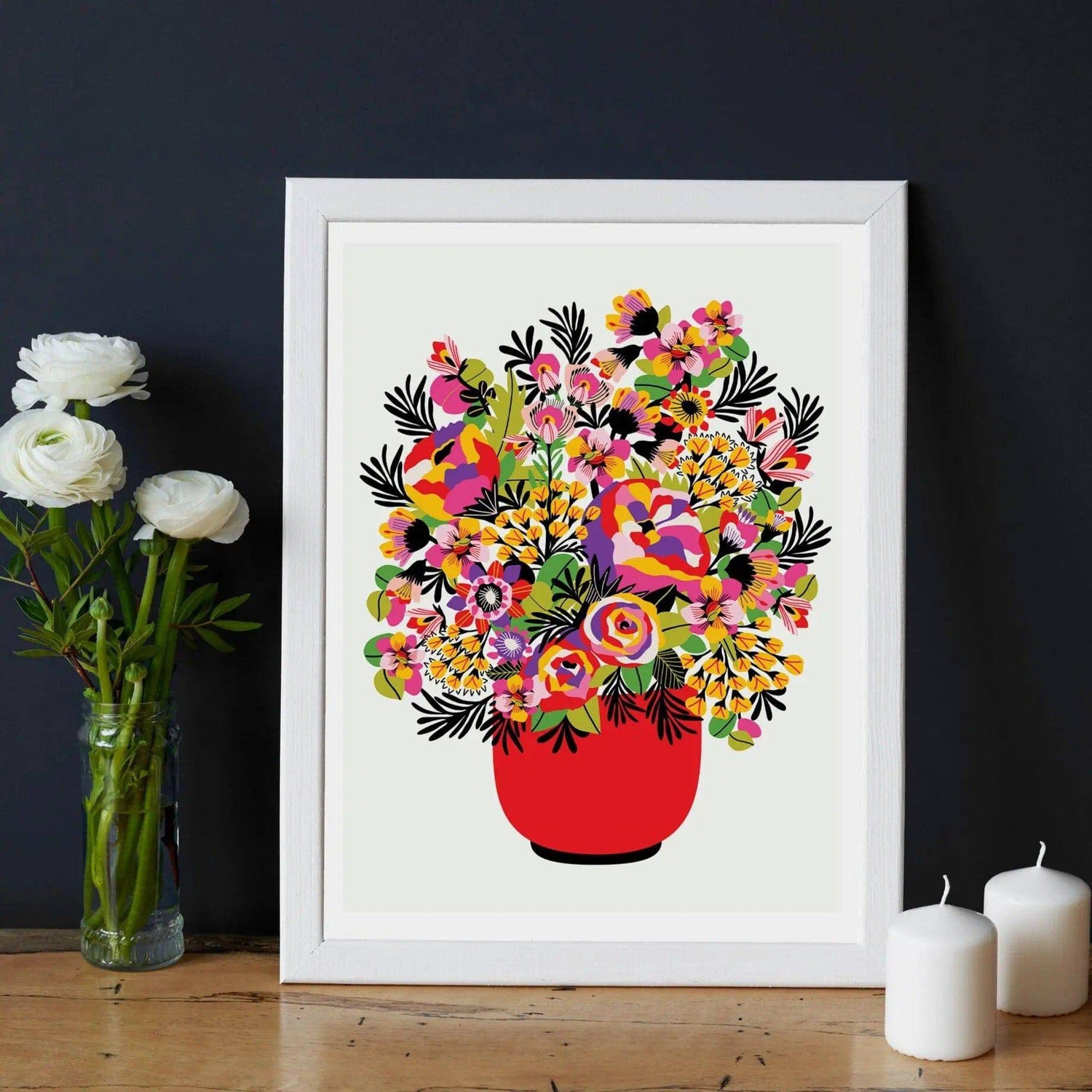 Colour Pop Peonies wall art print by Kirsten Katz — peonies and bright blooms in hot pink, orange and yellow