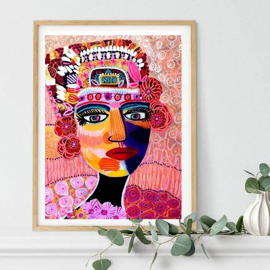 Empress Modern art print by Kirsten Katz — layered mixed-media portrait in rich oranges, pinks and blues