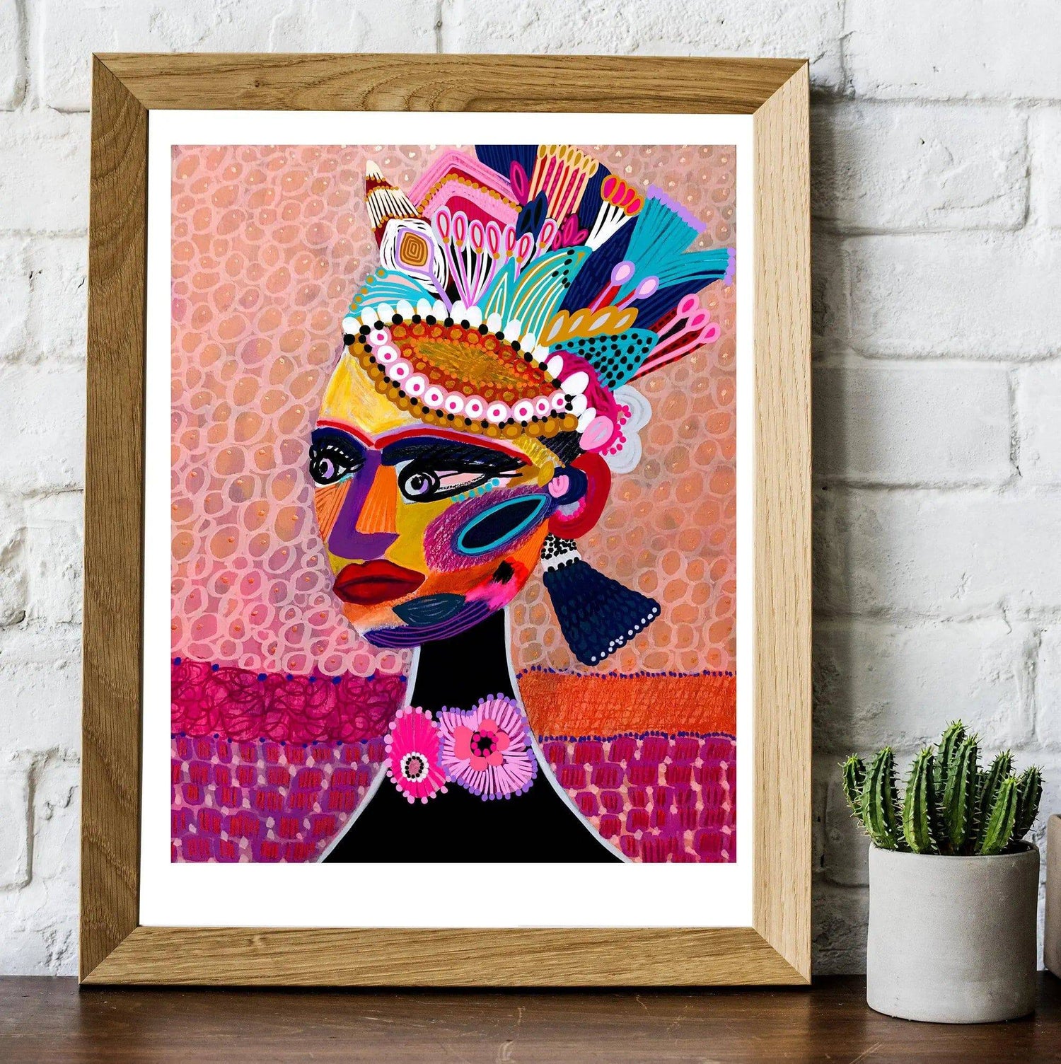 Empress Princess wall art print by Kirsten Katz — regal portrait in an ornate beaded headdress and tassel earrings