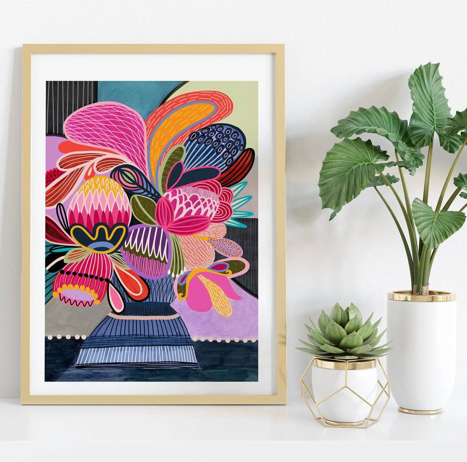 Floral Fiesta Colour Pop wall art print by Kirsten Katz — native blooms in hot pink, orange, blue and purple