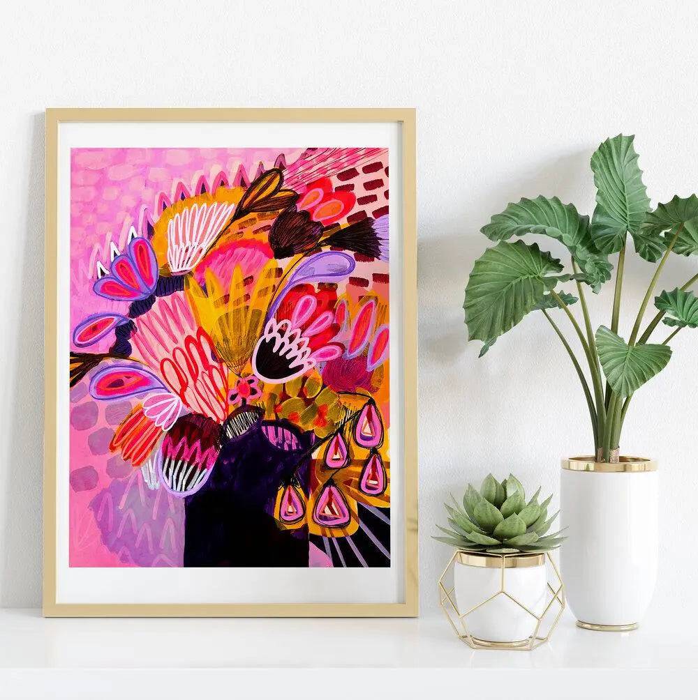 Flowers in Purple Vase art print by Kirsten Katz — loose abstract still life in magenta, purple and mustard