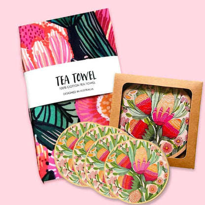 Flowers of Oz Tea Towel & Coaster Set - Kirsten Katz Art & Design