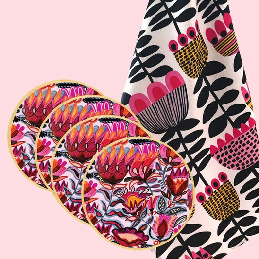 Folk Tulips Tea Towel & Australian Wooden Coaster Gift Set - Kirsten Katz