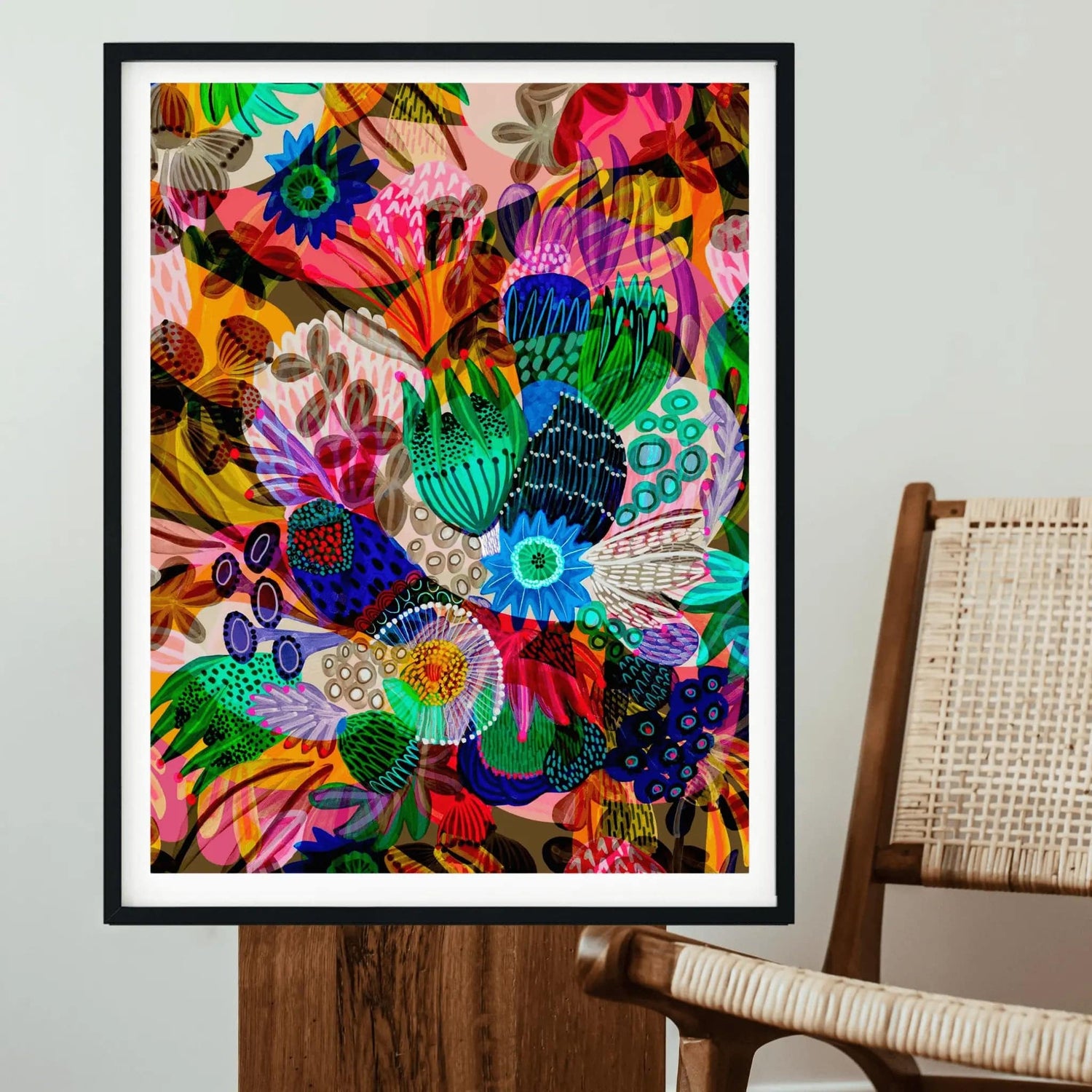 Garden of Eden abstract wall art print by Kirsten Katz — fantastical dreamed-up blooms in vivid colour