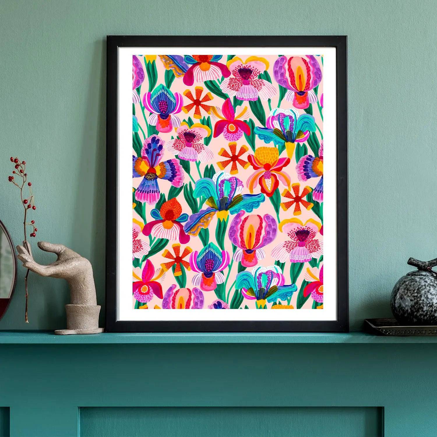 Irises & Orchids Botanical wall art print by Kirsten Katz — vibrant orchids and irises on a soft peach ground