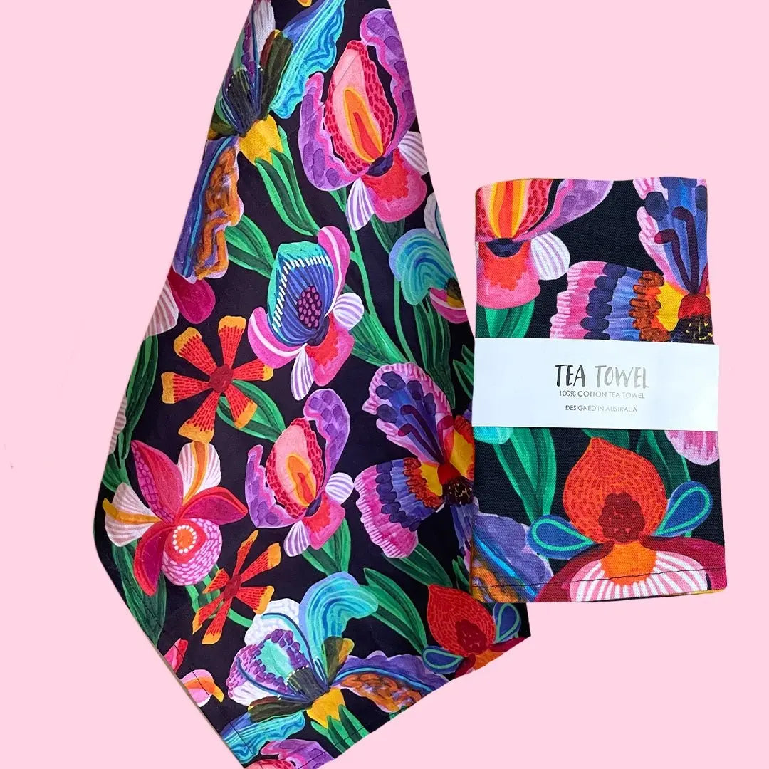 Irises & Pansy Flowers Tea Towel & Australian Wooden Coaster Gift Set - Kirsten Katz