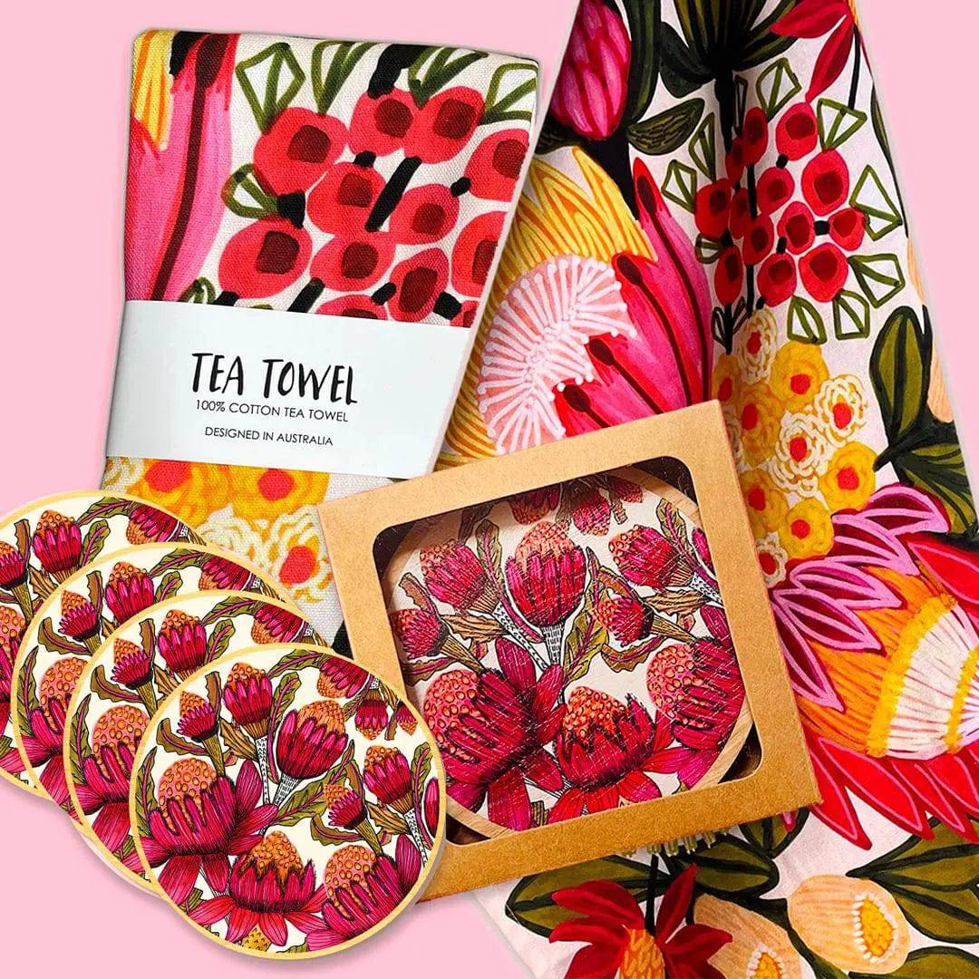 King Proteas Tea Towel & Coaster Set - Kirsten Katz