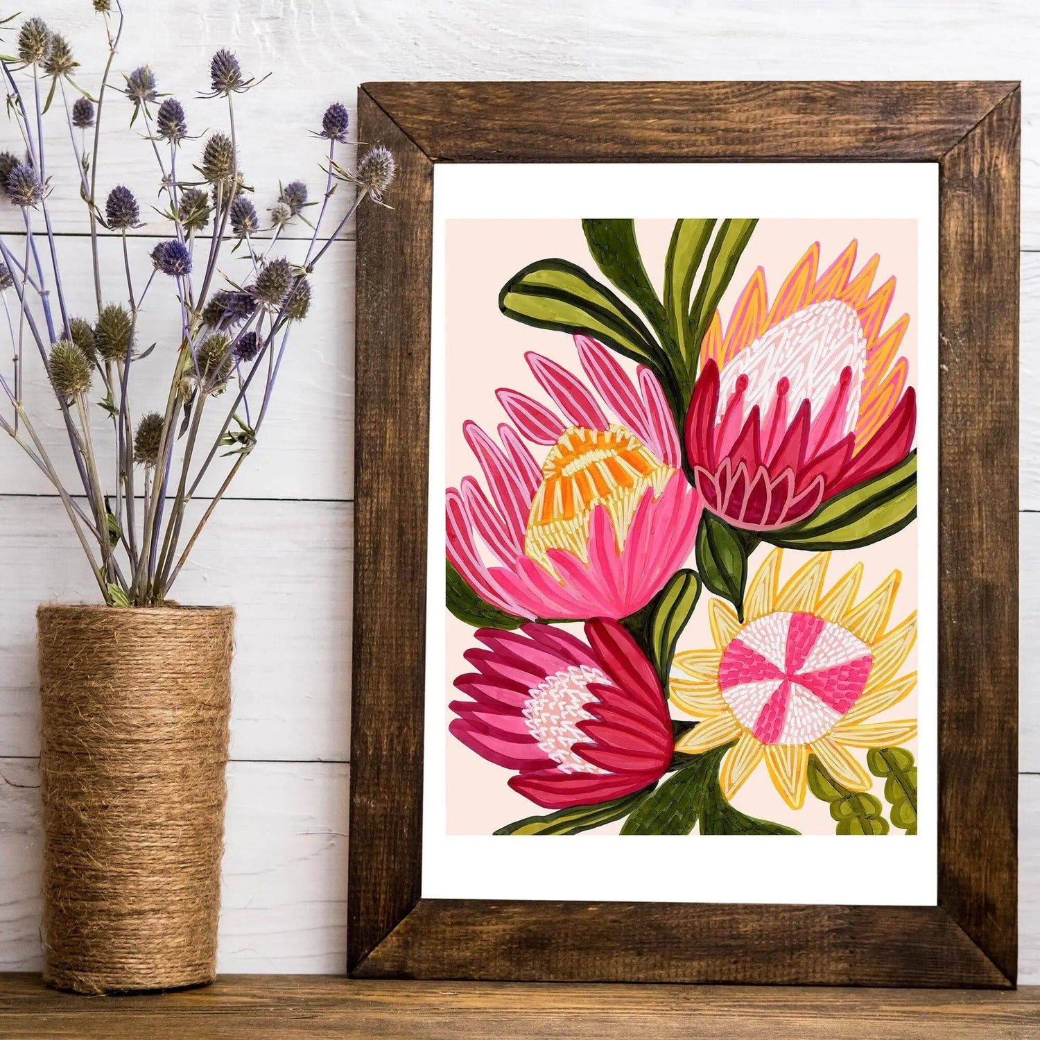 King Red Protea Flowers giclée print by Kirsten Katz — large pink king proteas with bush flowers on cream