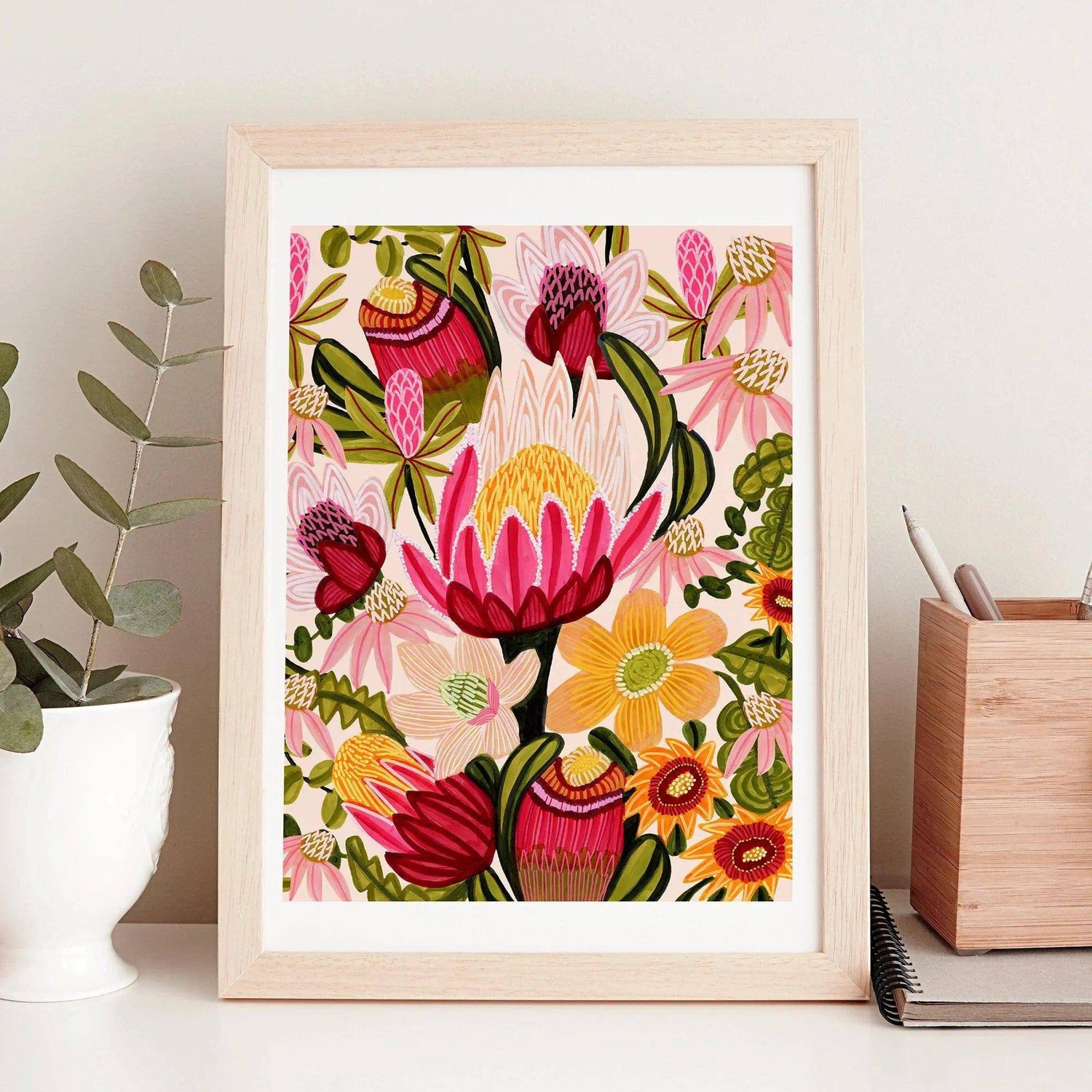 King Red Protea wall art print by Kirsten Katz — bold proteas and banksias in warm Kimberley tones