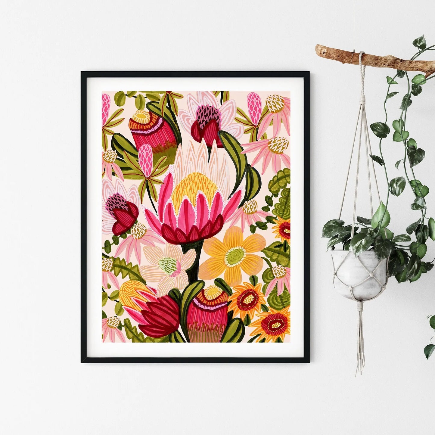 King Red Protea Print with Flowers Kirsten Katz