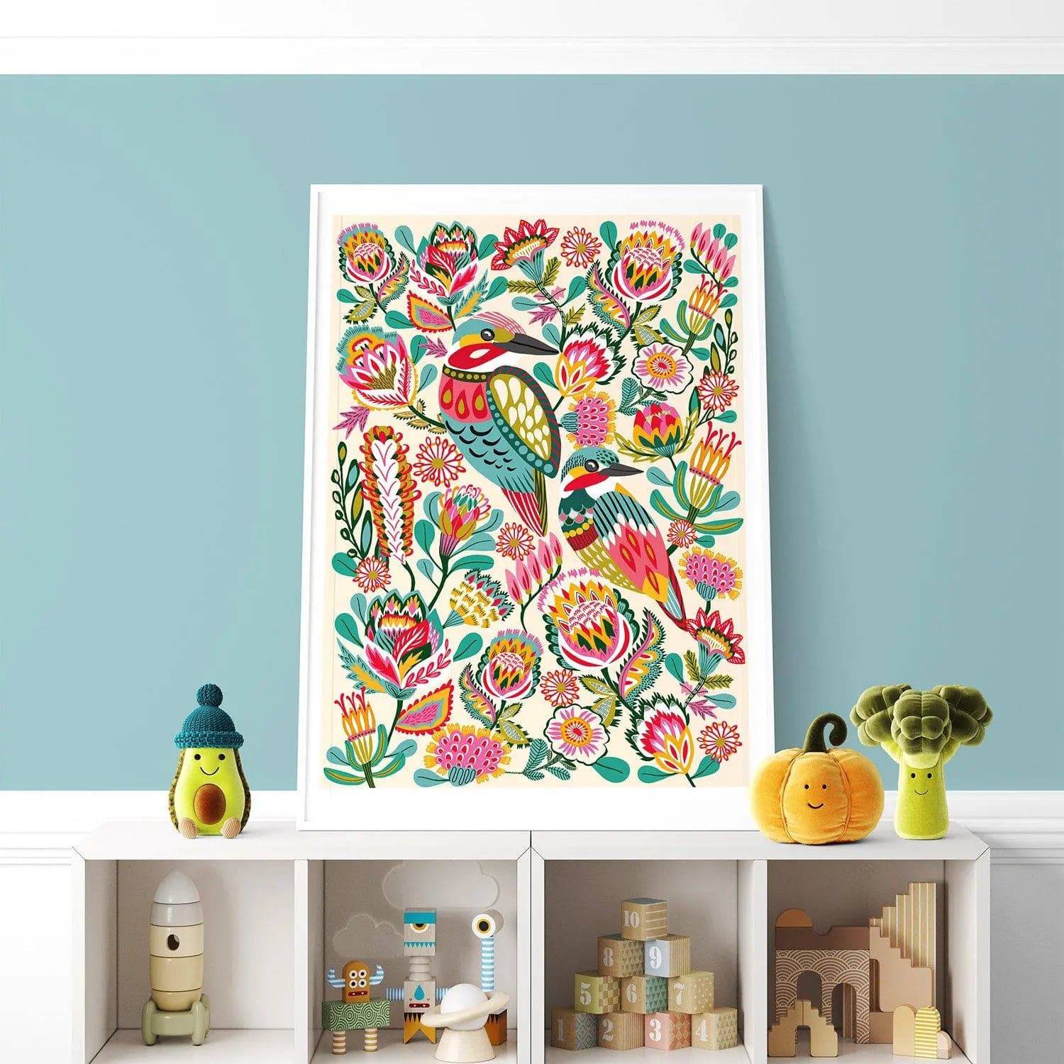 Kingfisher birds wall art print by Kirsten Katz — folk-art kingfisher among native flowers on a warm cream ground