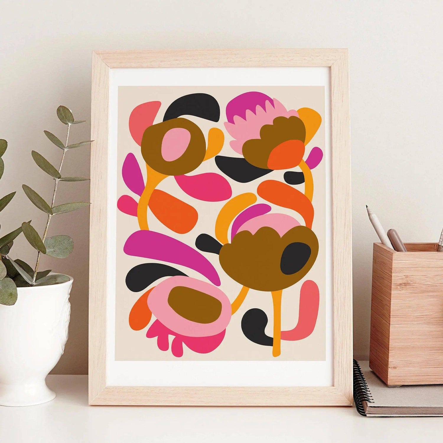 Mid Century Modern Scandinavian Flower art print by Kirsten Katz — bold interlocking blooms on soft cream