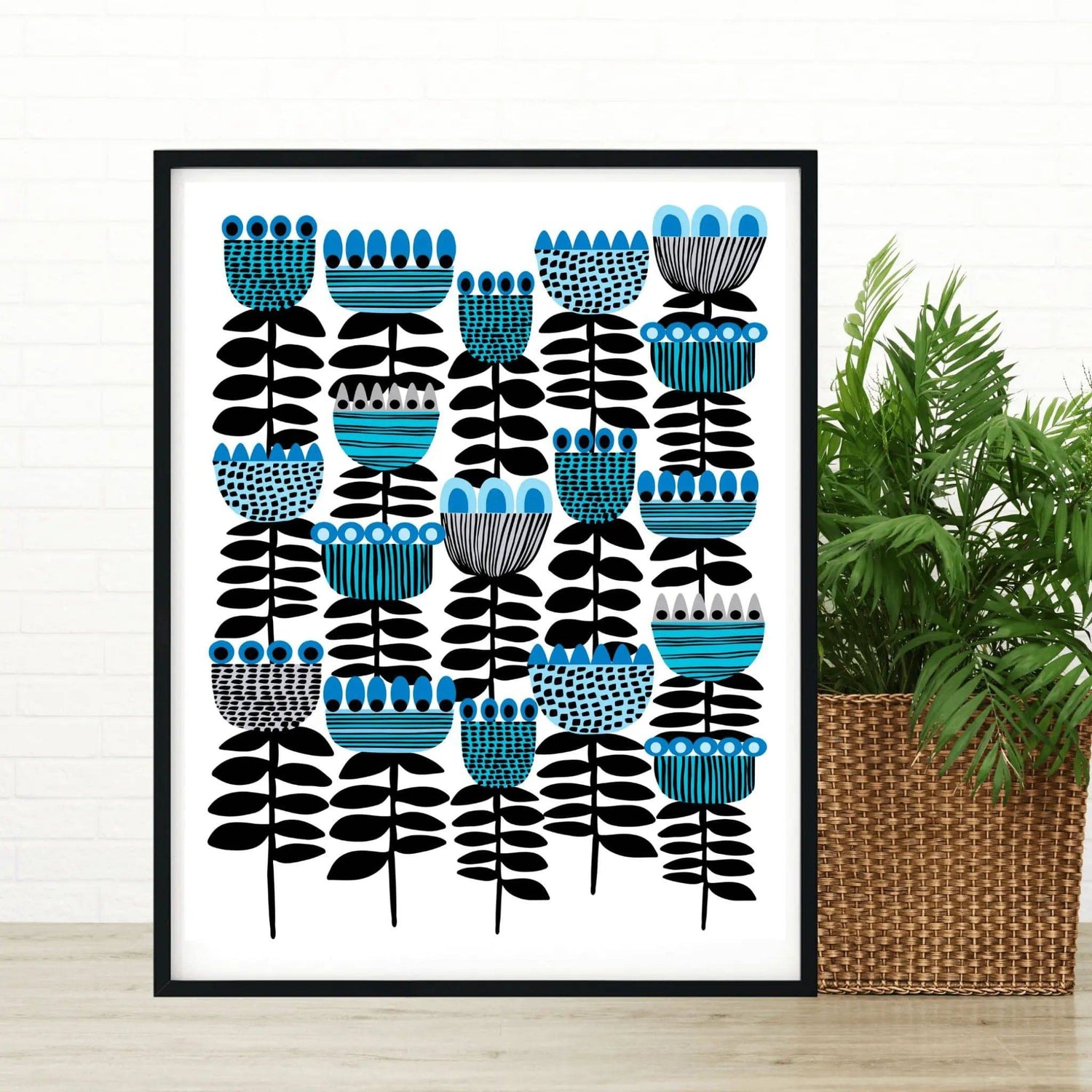 Mid Century Modern Art Tulips print by Kirsten Katz — rhythmic scandi tulips in black, white and blue