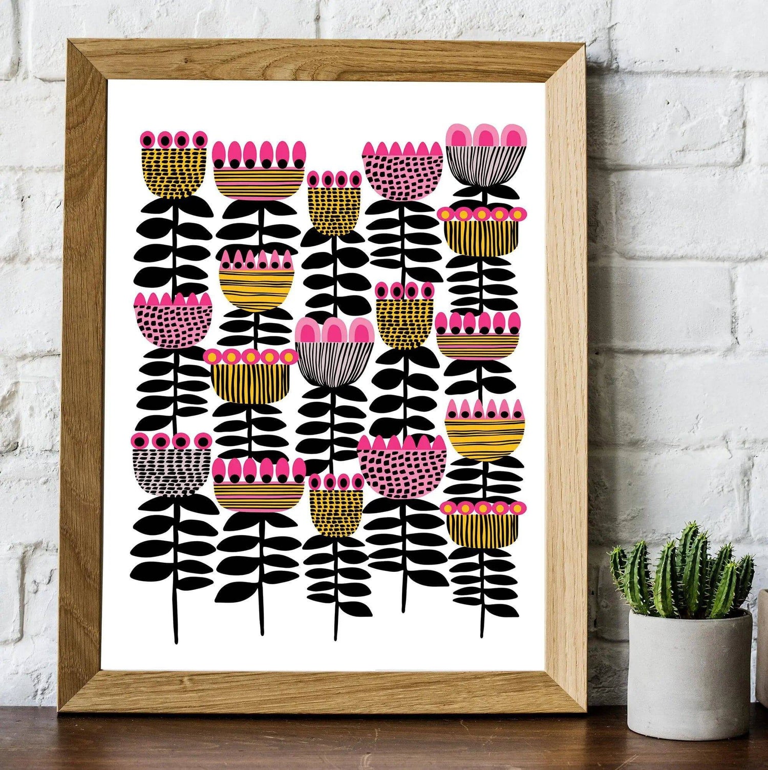 Mid Century Tulips Giclee art print by Kirsten Katz — rhythmic scandi tulips in black, white, pink and yellow