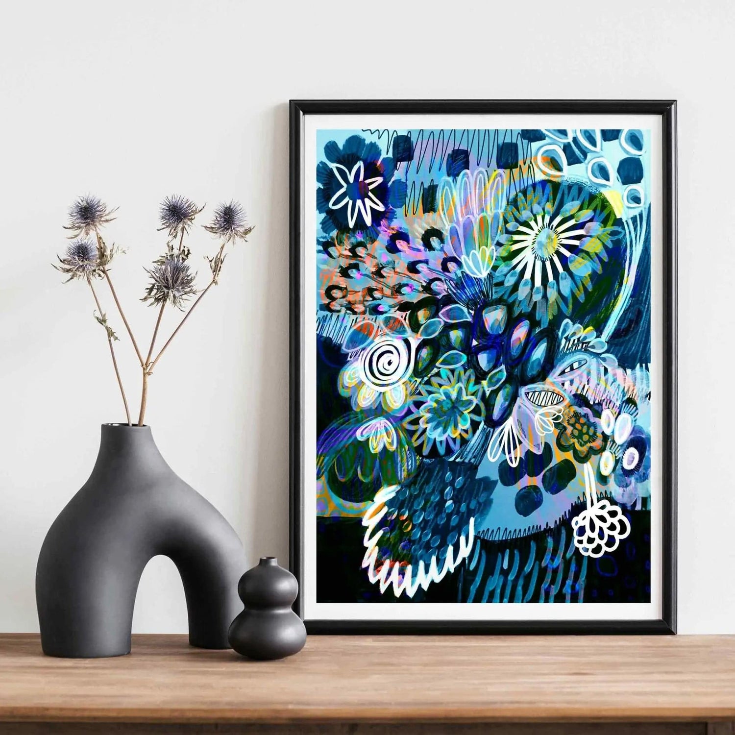 Moody Blues Mixed Bunch wall art print by Kirsten Katz — modern abstract native flowers in deep blue and grey