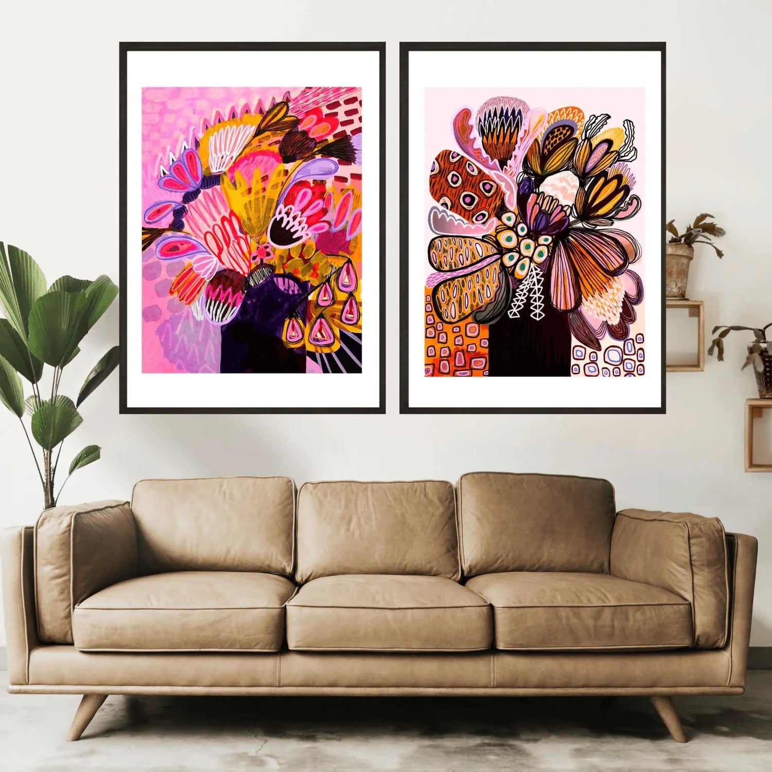 Pink abstract still life print set by Kirsten Katz — pink proteas and blooms in dark vases