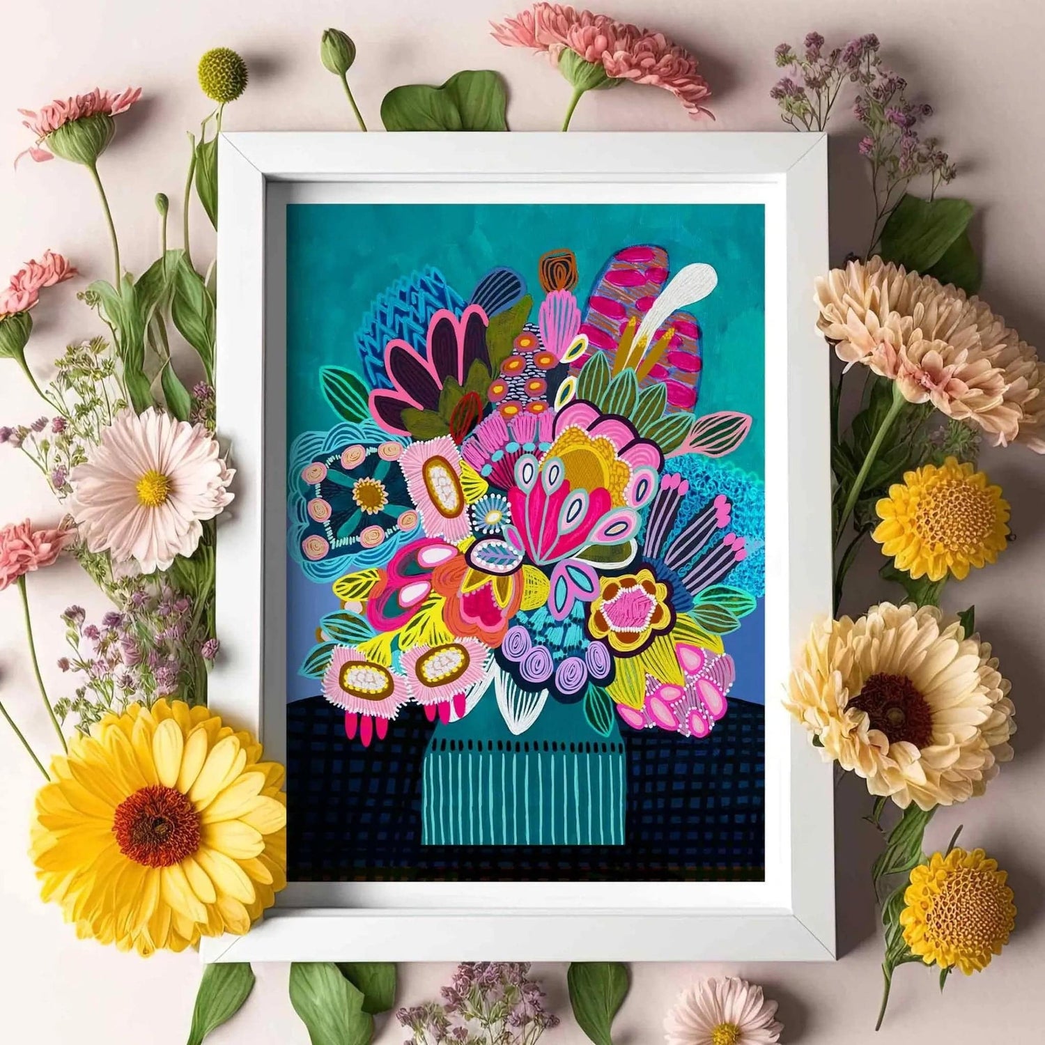 Botanica Stupenda wall art print by Kirsten Katz — fantastical stylised native blooms on a teal ground