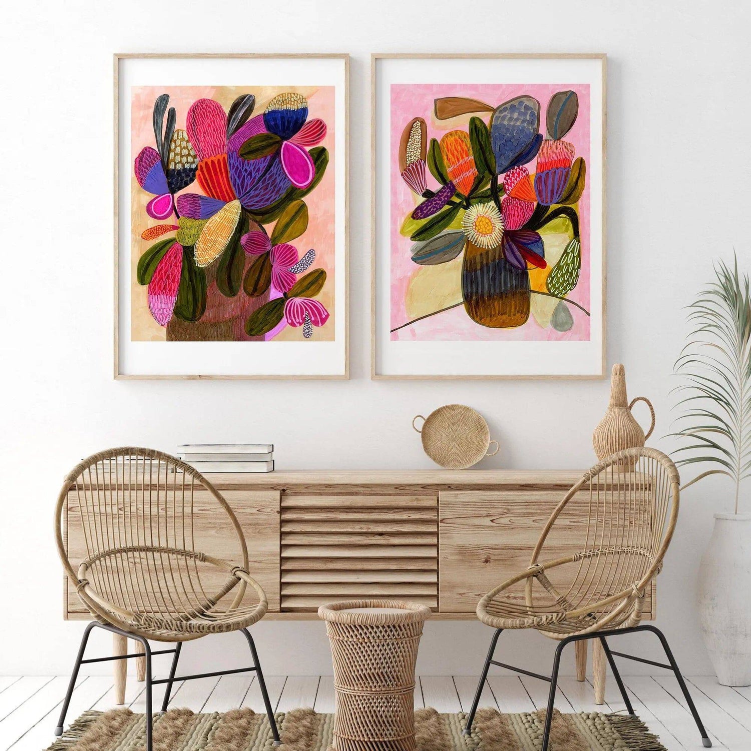 Native banksia still life print set by Kirsten Katz — banksias and proteas gathered in vases