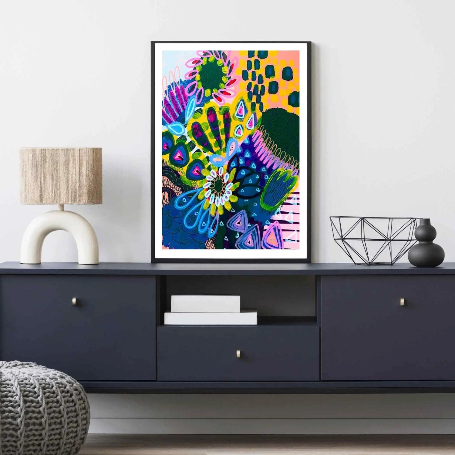 Big Banksia Moody wall art print by Kirsten Katz — oversized abstract banksia in navy, blue and teal