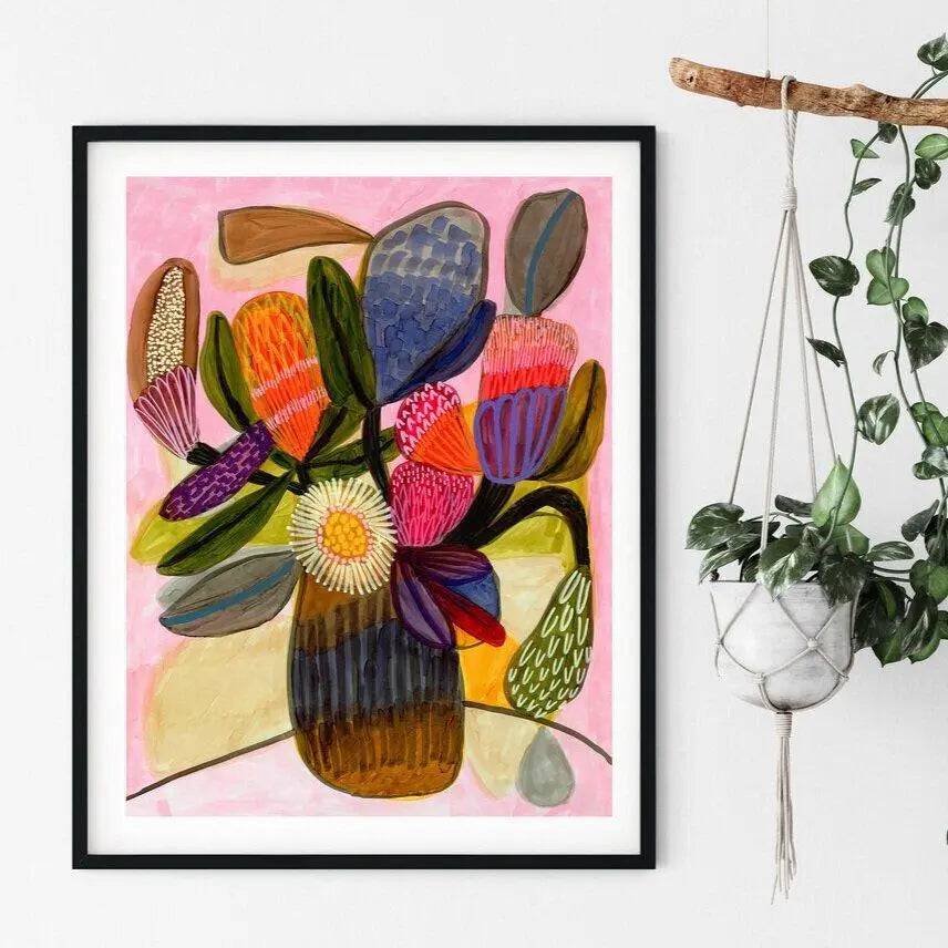Native Bunch Modern wall art print by Kirsten Katz — banksias and eucalyptus in soft muted colour