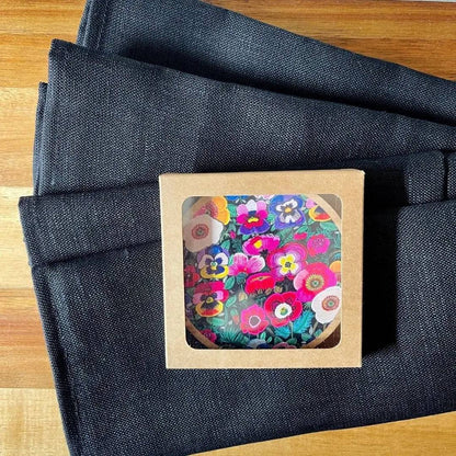 Pansies & Poppies Wooden Coaster & Napkin Set - Kirsten Katz