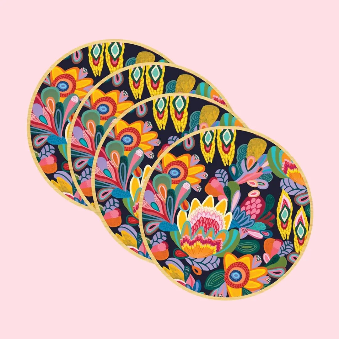 Protea Fantasy Tea Towel & Australian Wooden Coaster Gift Set - Kirsten Katz