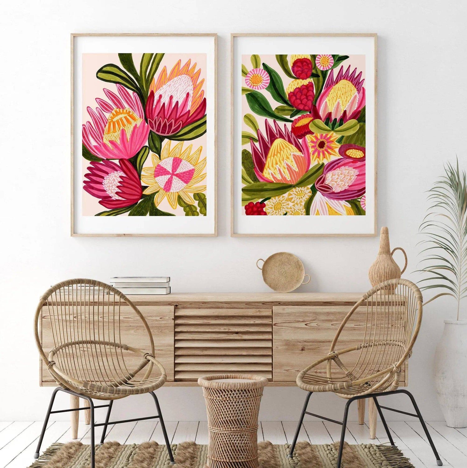 King protea large print set by Kirsten Katz — two bold protea prints in pink and coral on cream