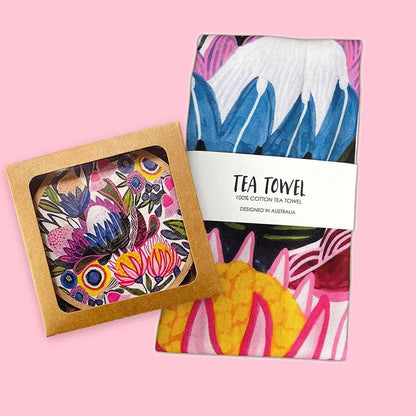 Protea Magnifica Tea Towel & Coaster Set by Australian artist and designer Kirsten Katz