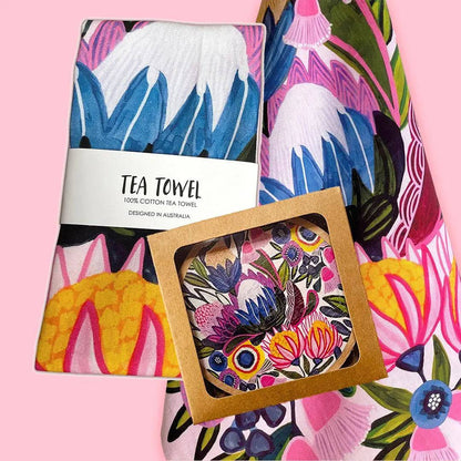 Protea Magnifica Tea Towel & Coaster Set by Australian artist and designer Kirsten Katz