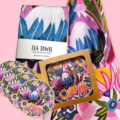 Protea Magnifica Tea Towel & Coaster Set by Australian artist and designer Kirsten Katz